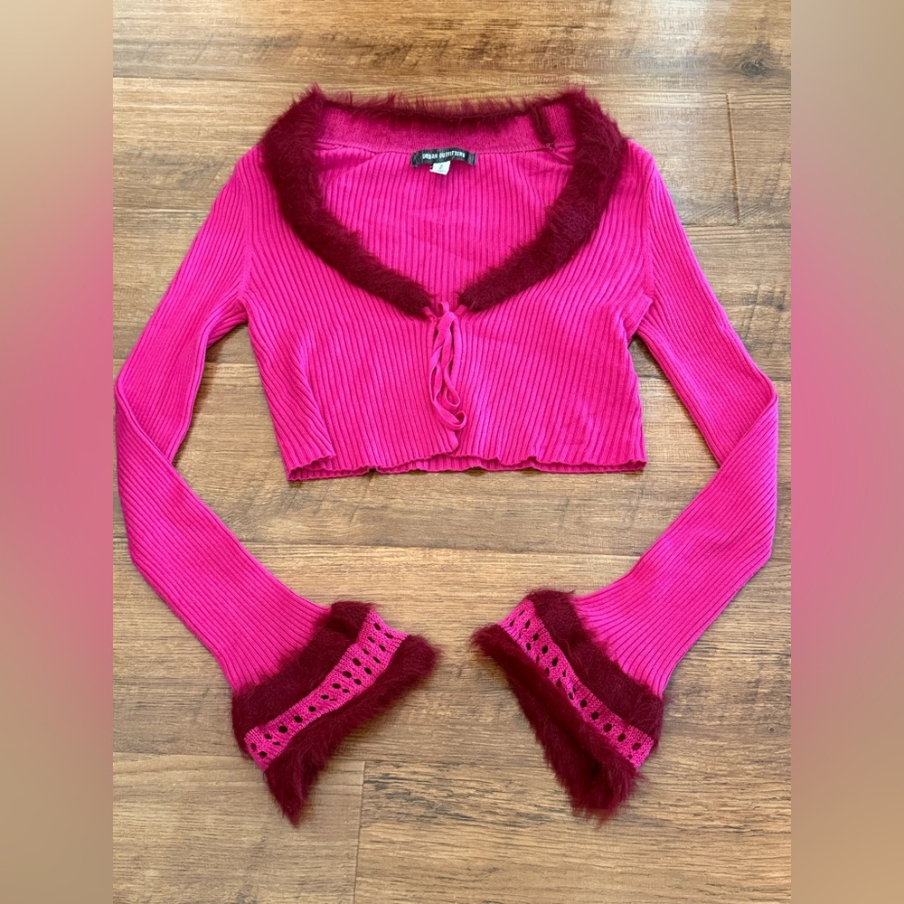 Urban Outfitters Rosie Faux Fur Trim Pink Ribbed Cardigan Sweater-small